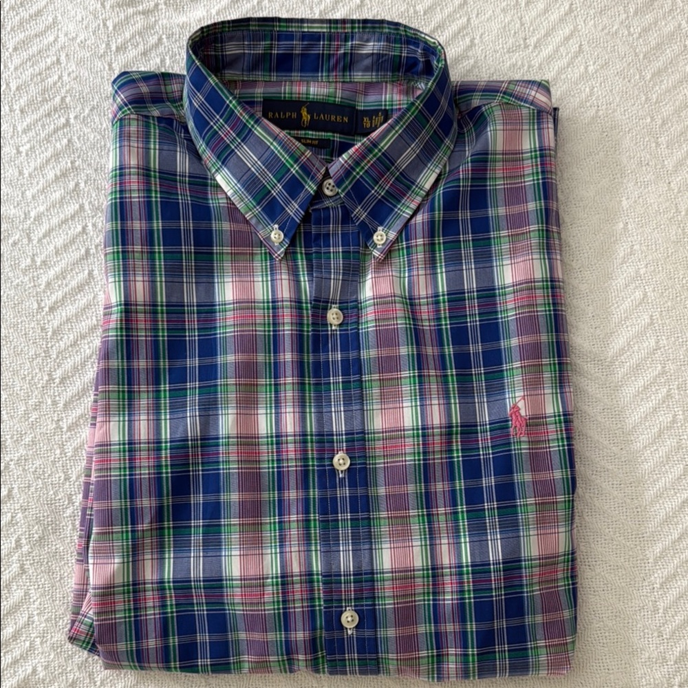 Ralph Lauren Casual Blue and Pink Button Down Slim Fit Shirt size XL
